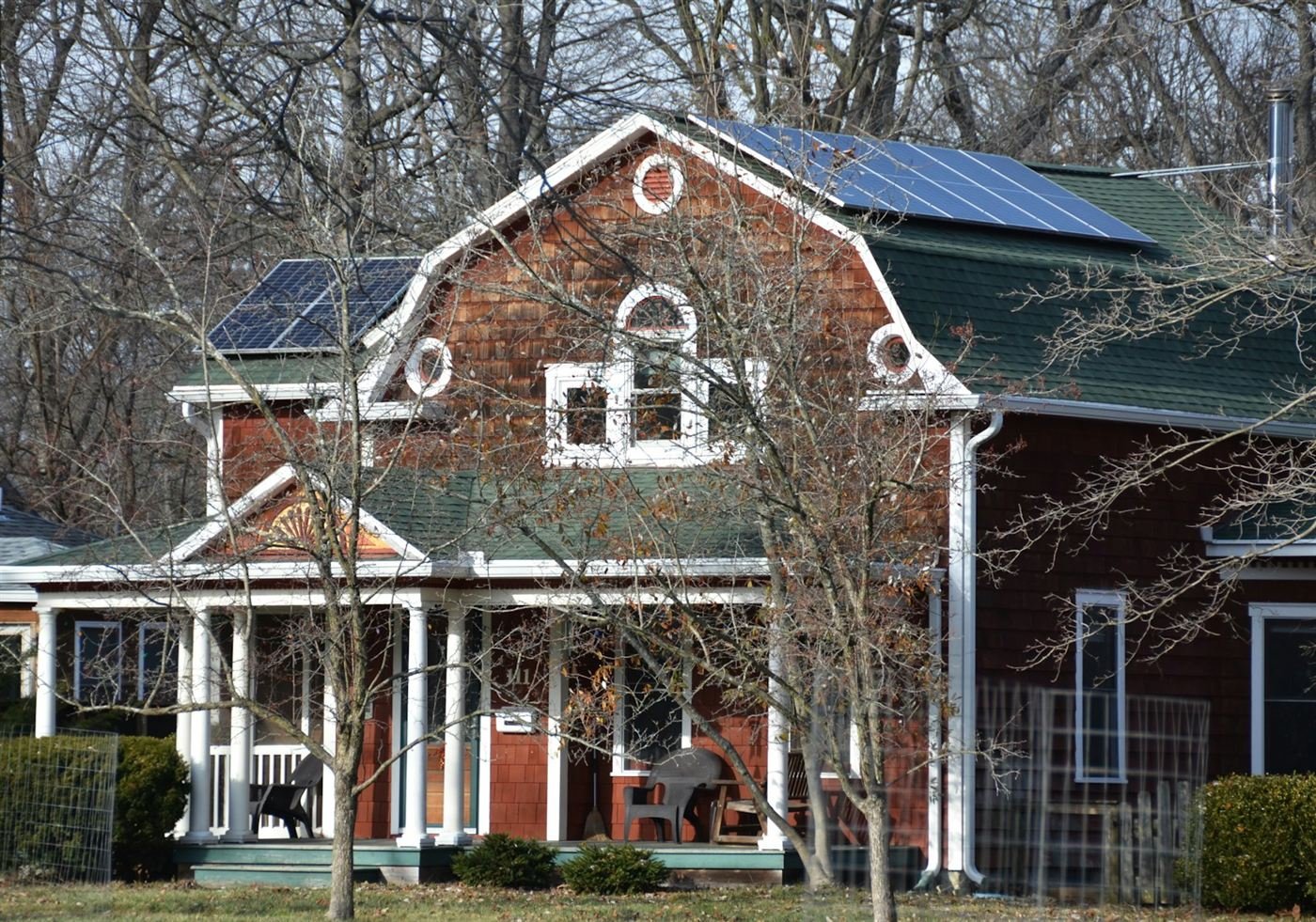 Farmhouse with solar panels on the roof